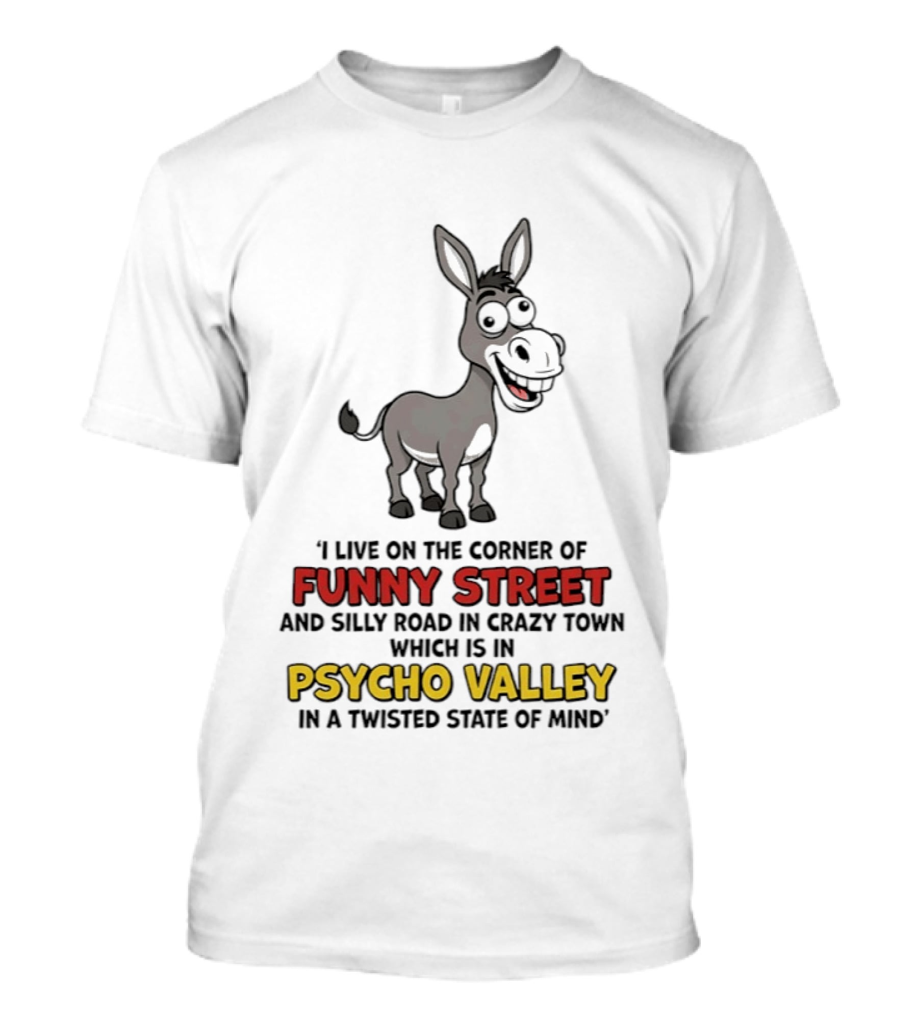 Donkey I Live On The Corner Of Funny Street And Silly Road In Crazy Town Psycho Valley In A Twisted State Of Mind T-Shirt