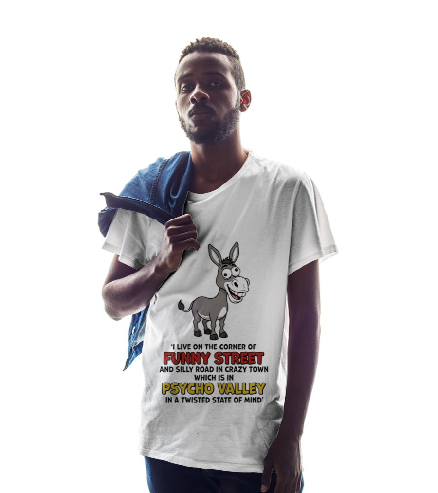 Donkey I Live On The Corner Of Funny Street And Silly Road In Crazy Town Psycho Valley In A Twisted State Of Mind T-Shirt