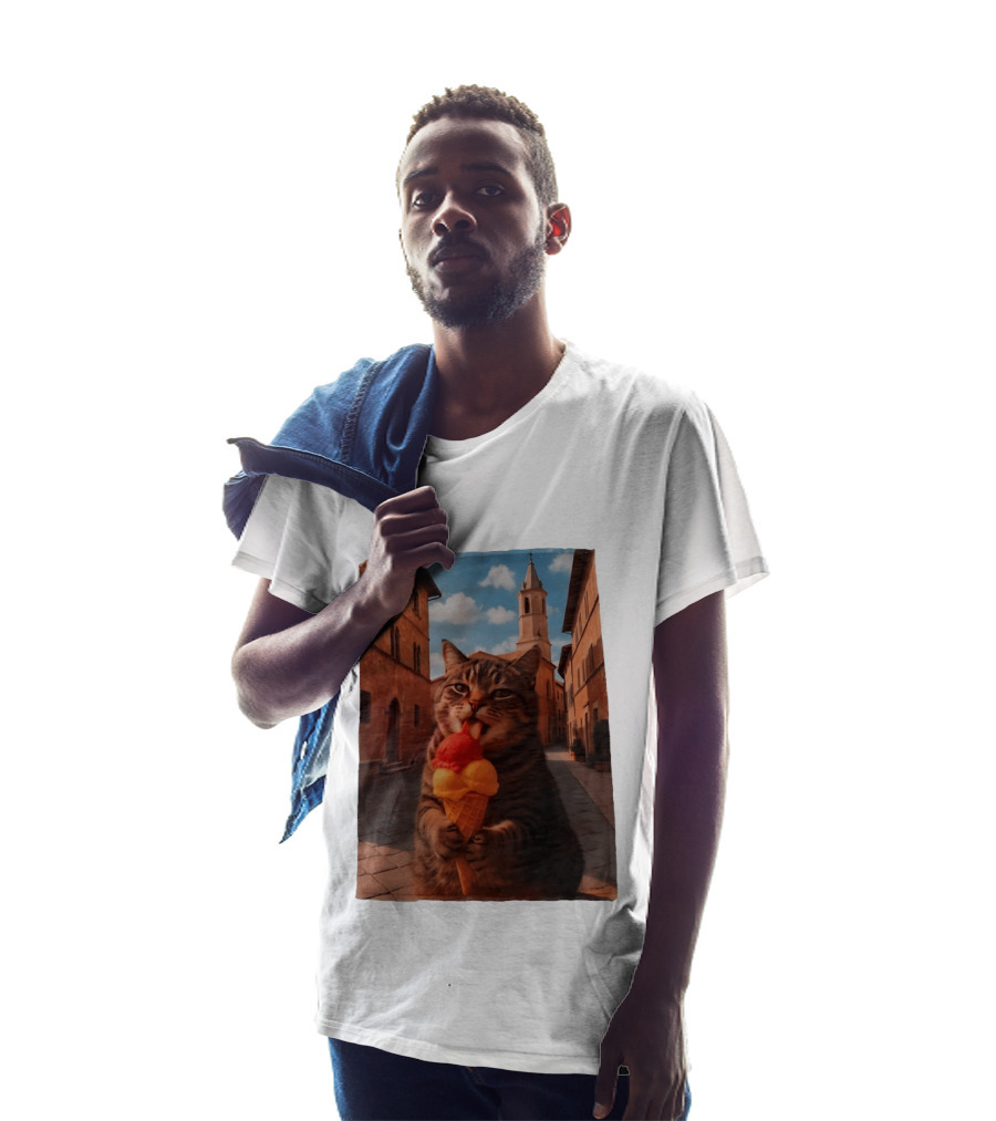 Tabby Cat Eating Ice Cream Cone In Italian Village Street Scene T-Shirt