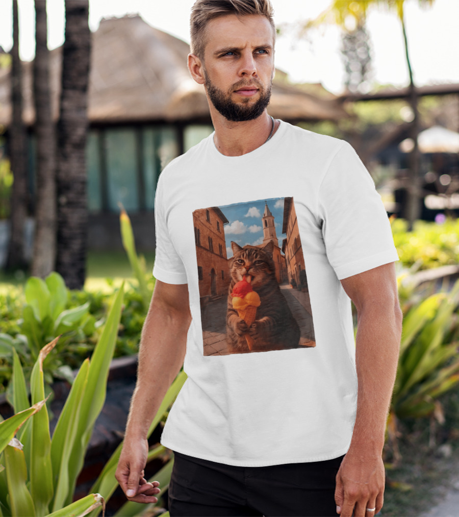 Tabby Cat Eating Ice Cream Cone In Italian Village Street Scene T-Shirt