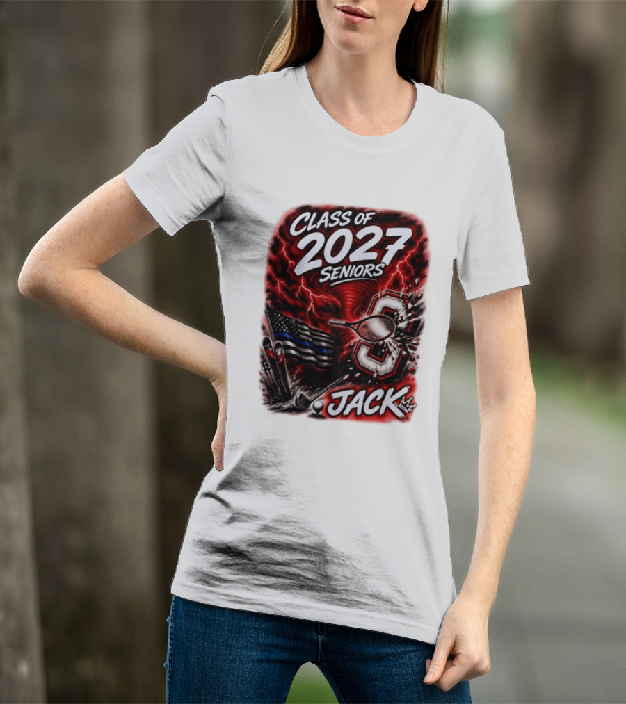 Class Of 2027 Seniors Jack Black Flag Lightning Tennis Football T-Shirt