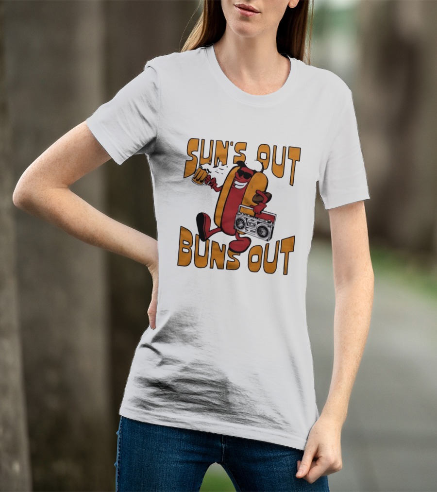 Sun's Out Buns Out Hot Dog With Sunglasses Holding Beer And Boombox T-Shirt