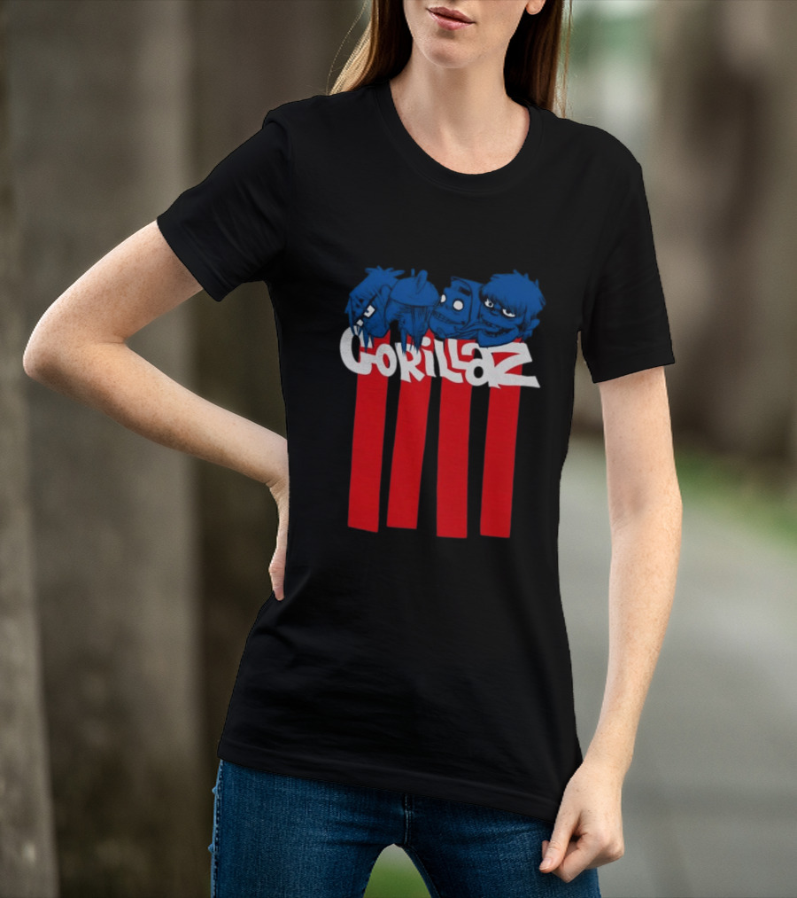 GORILLAZ Pez Heads Characters Red Stripes T-Shirt