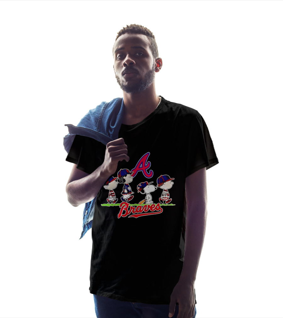Atlanta Braves Peanuts Characters Walking With Baseball Caps T-Shirt