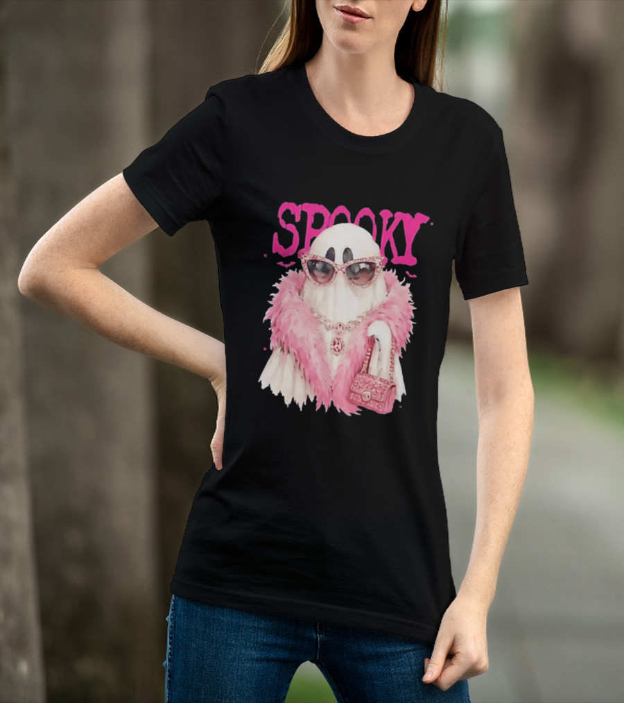 Spooky Glamorous Ghost With Pink Fur And Sunglasses T-Shirt