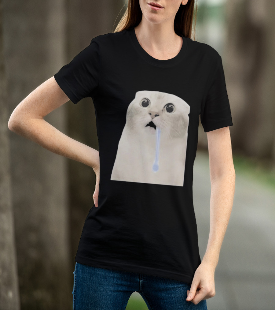 Wide Eyed Drooling Cat Meme Humor T-Shirt