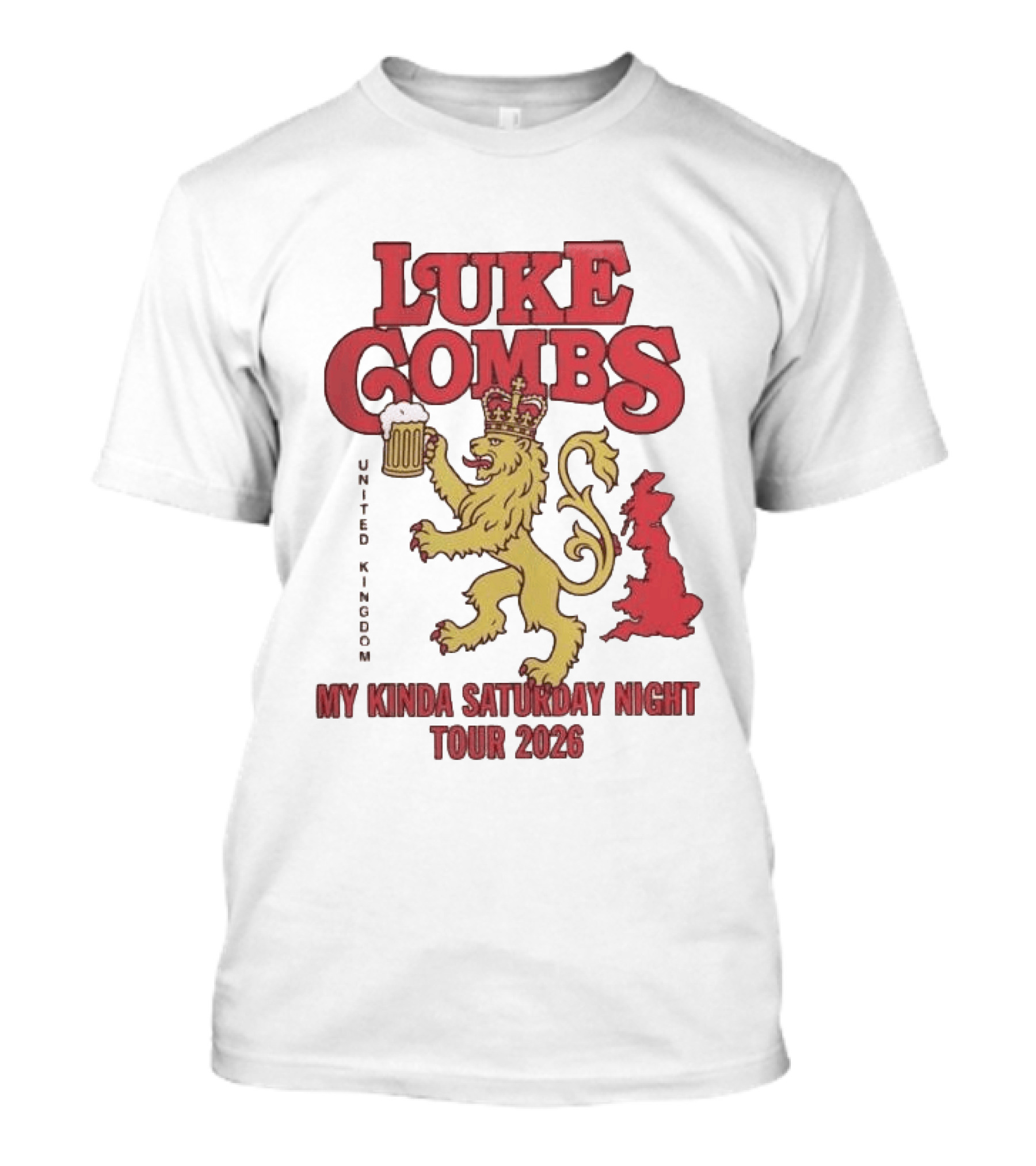 Luke Combs United Kingdom My Kinda Saturday Night Tour 2026 Lion Holding Beer T-Shirt