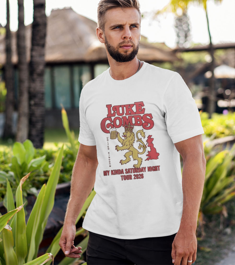 Luke Combs United Kingdom My Kinda Saturday Night Tour 2026 Lion Holding Beer T-Shirt