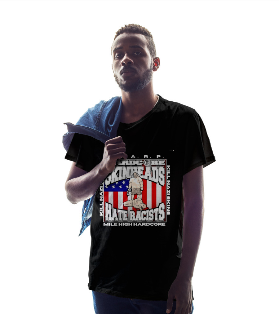 S.H.A.R.P. Kill Nazi Skins Hate Racists Mile High Hardcore American Flag T-Shirt
