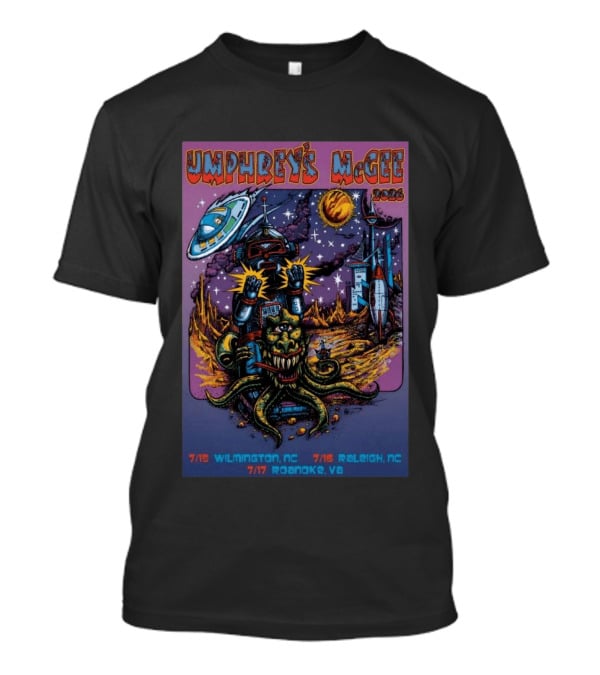 Umphrey's McGee 2026 Tour Dates With Sci Fi Art Featuring Space Monster And Robot In Roanoke VA T-Shirt