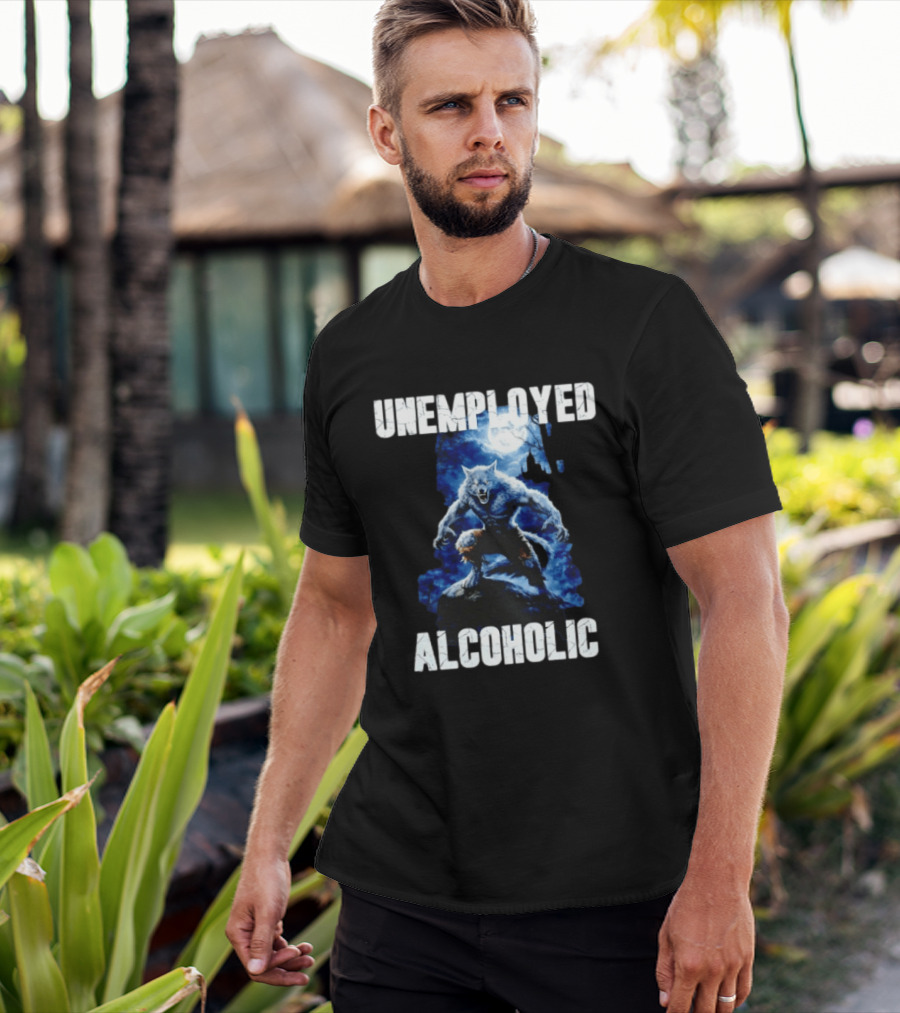 Unemployed Alcoholic Werewolf Horror Moonlit Night Scene T-Shirt