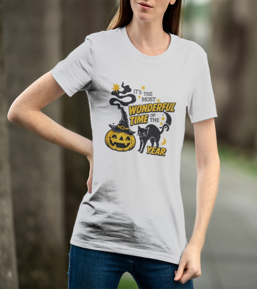 It's The Most Wonderful Time Of The Year Halloween Pumpkin Black Cat T-Shirt