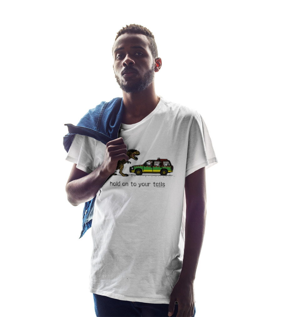 Hold On To Your Tails Dinosaur Chasing Jeep With Dogs T-Shirt