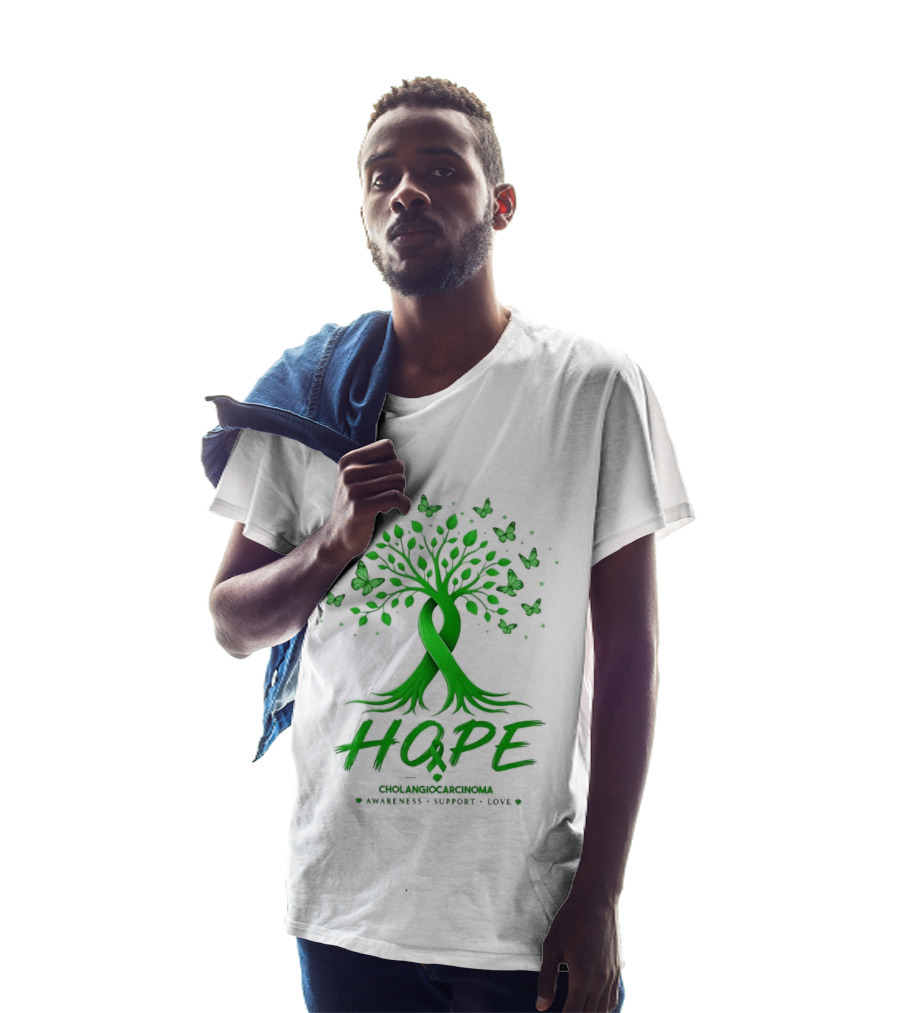 Hope Tree With Butterflies Cholangiocarcinoma Awareness Support Love Ribbon T-Shirt