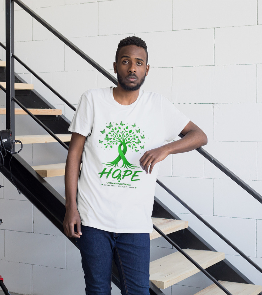 Hope Tree With Butterflies Cholangiocarcinoma Awareness Support Love Ribbon T-Shirt