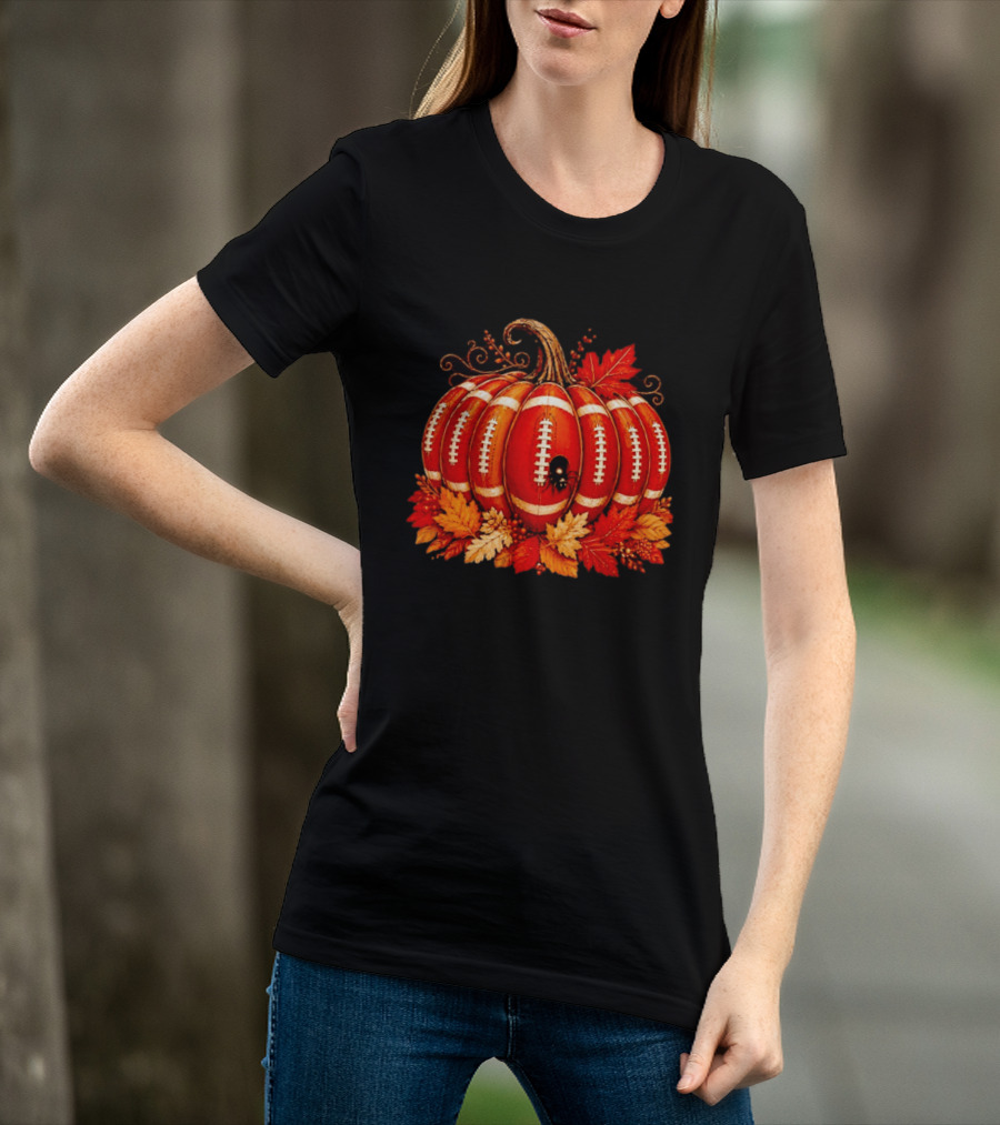 Football Pumpkin Spider Autumn Leaves Thanksgiving Decor T-Shirt