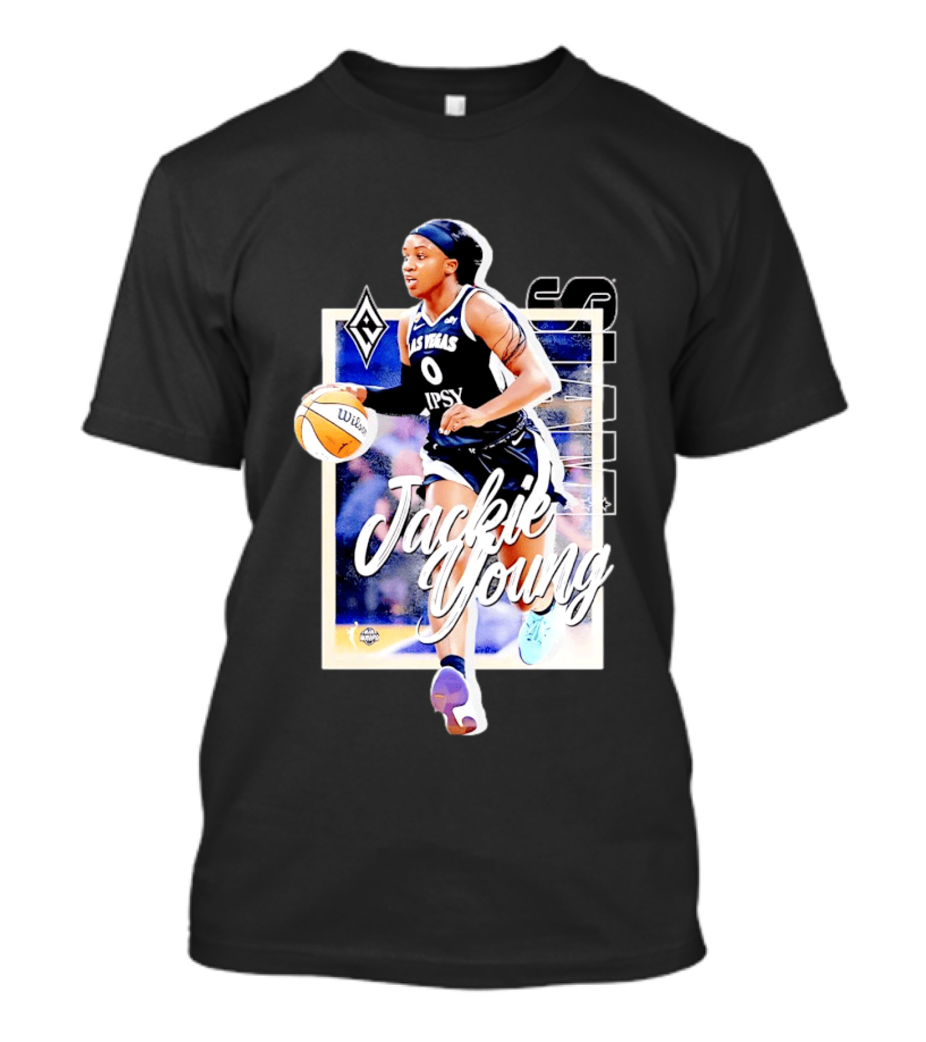 Jackie Young Las Vegas Aces Number 0 Dribbling Action With Wilson Basketball And Lids Headband T-Shirt