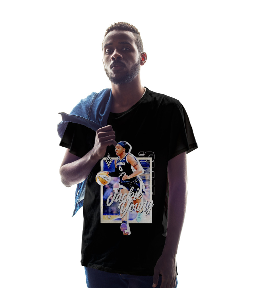 Jackie Young Las Vegas Aces Number 0 Dribbling Action With Wilson Basketball And Lids Headband T-Shirt