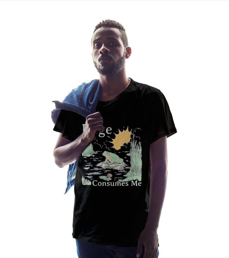 Rage Consumes Me Frog On Rock With Sunburst And Pond Scene T-Shirt