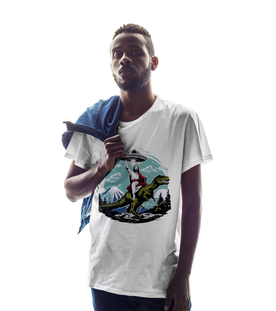 Jesus Riding Rex UFO Nature Scene With Mountains And Trees T-Shirt