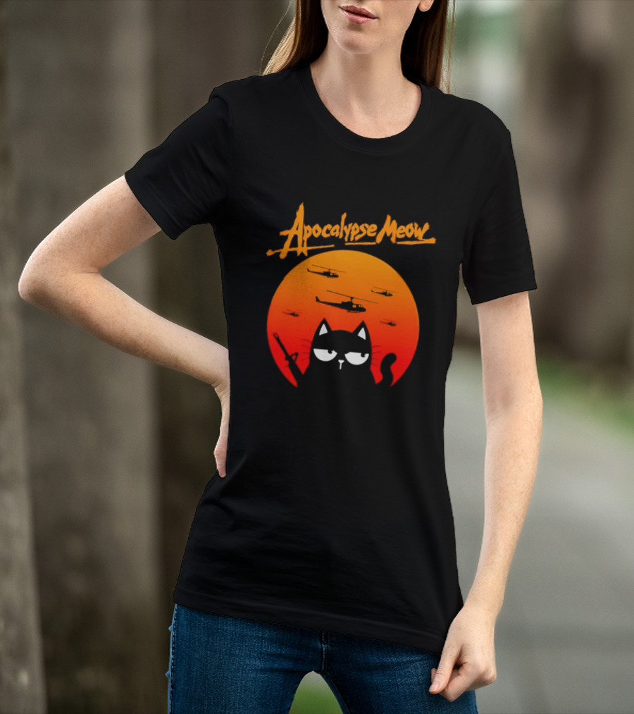 Apocalypse Meow Cat Helicopter Orange Sun T-Shirt