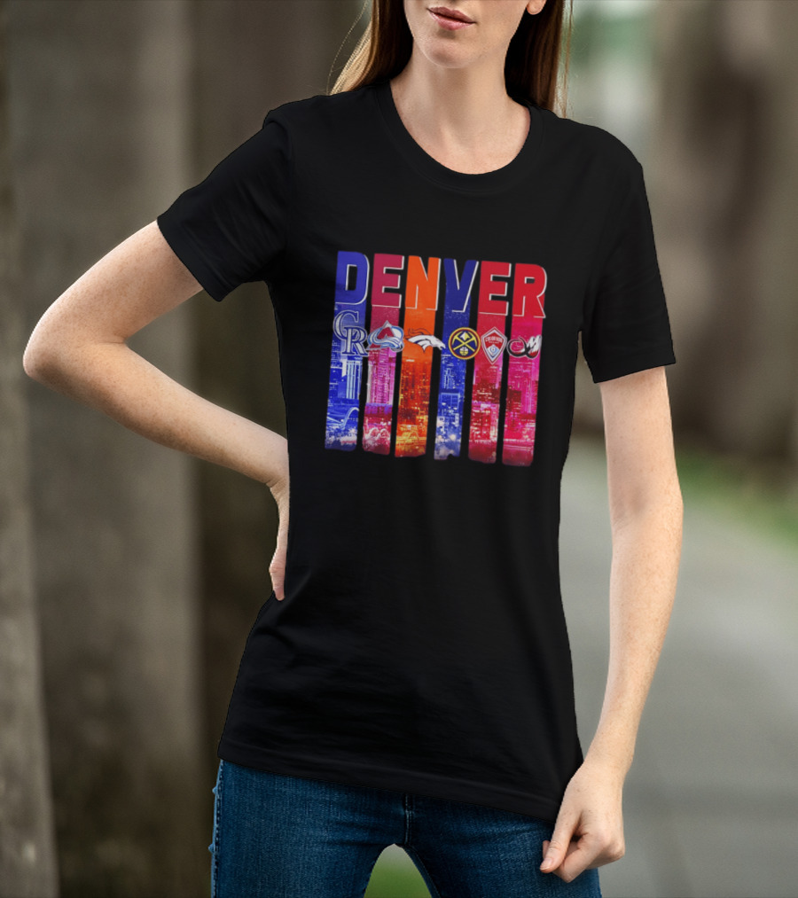 Denver City Skyline With Colorado Rockies Avalanche Broncos Nuggets Rapids Mammoth T-Shirt