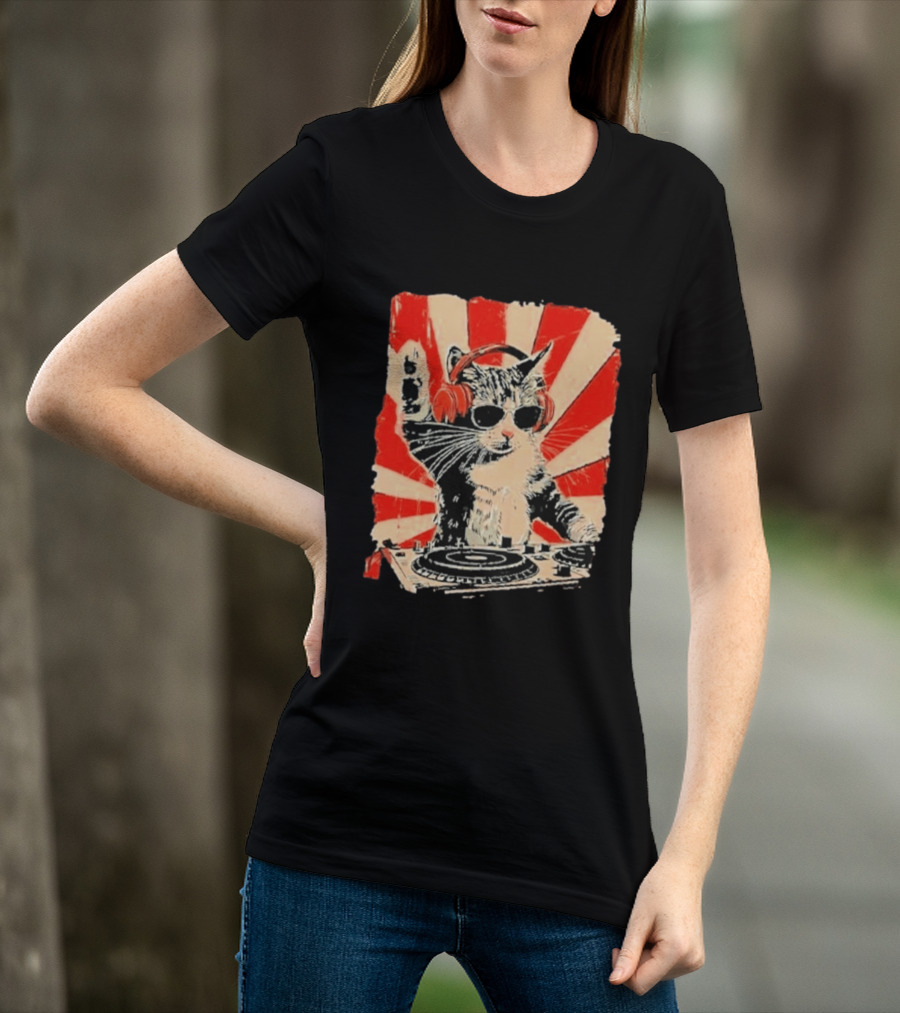 DJ Cat With Headphones Red Sunburst T-Shirt
