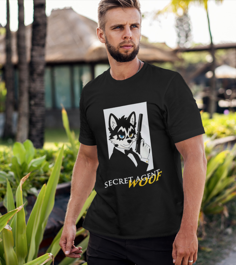 Secret Agent Woof Husky Tuxedo Spy Dog Holding Pistol Image T-Shirt