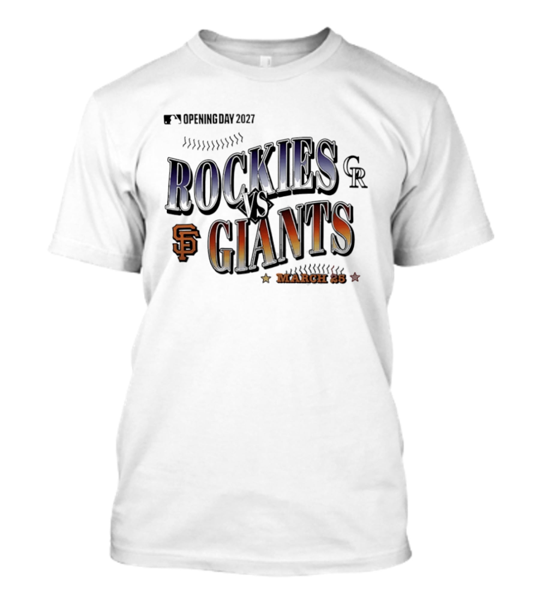 Rockies Vs Giants Opening Day 2027 March 25 Baseball Matchup T-Shirt