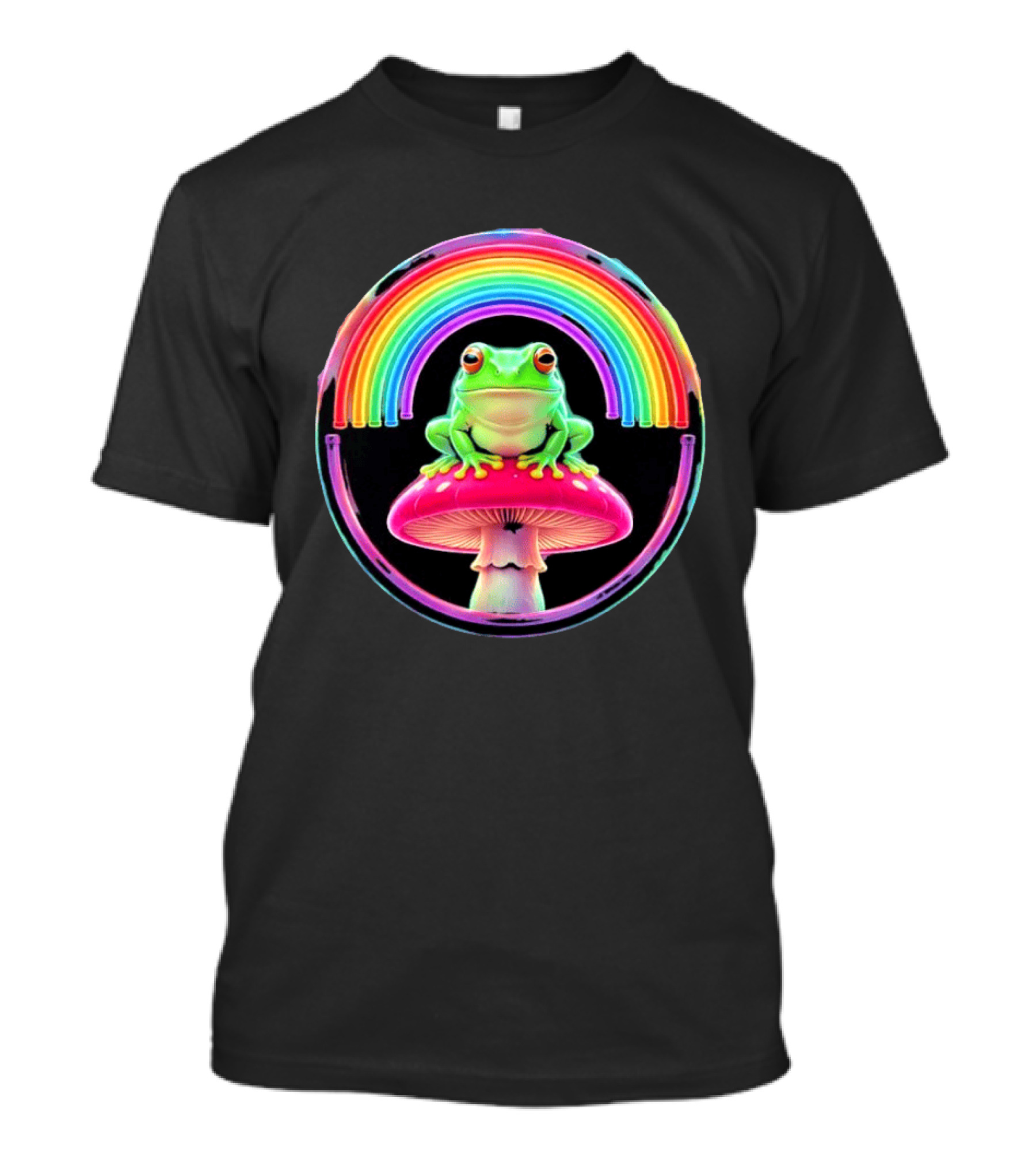 Neon Frog On Mushroom Under Vibrant Rainbow Circle T-Shirt