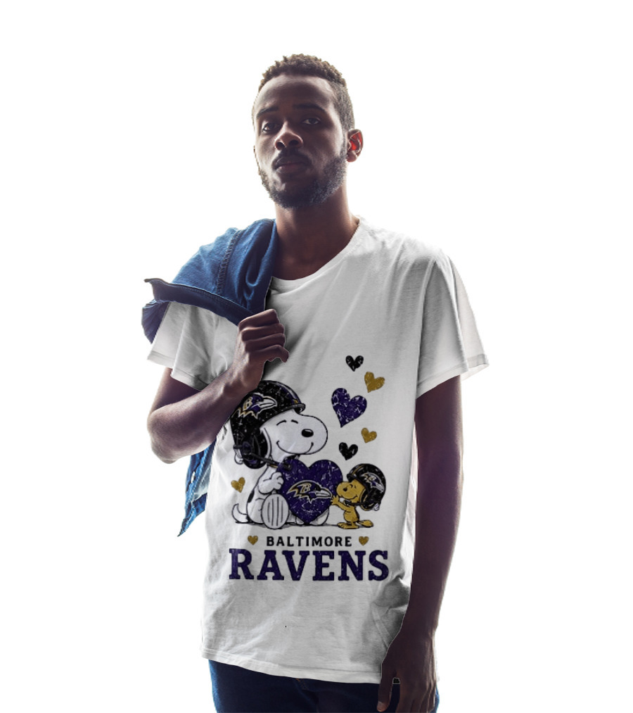Baltimore Ravens Peanuts Snoopy Woodstock Love Laughter Hearts T-Shirt