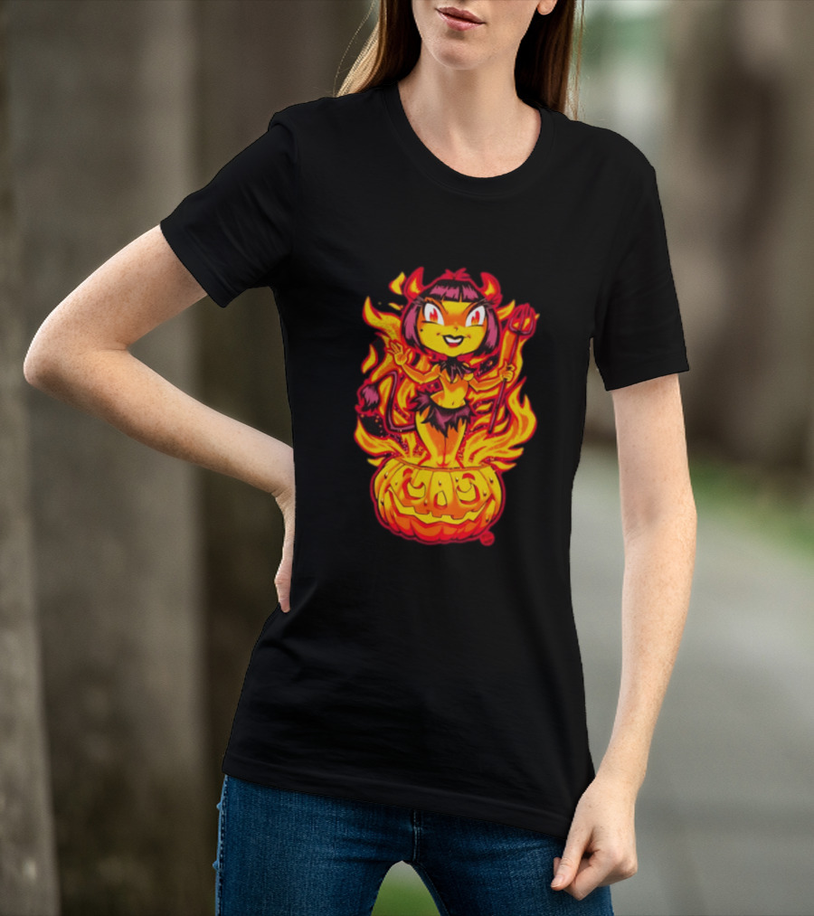 Devil Girl In Jack O' Lantern Halloween Flames With Pitchfork And Tail T-Shirt