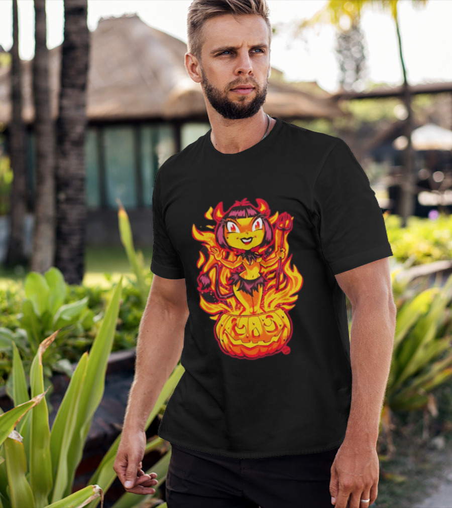 Devil Girl In Jack O' Lantern Halloween Flames With Pitchfork And Tail T-Shirt