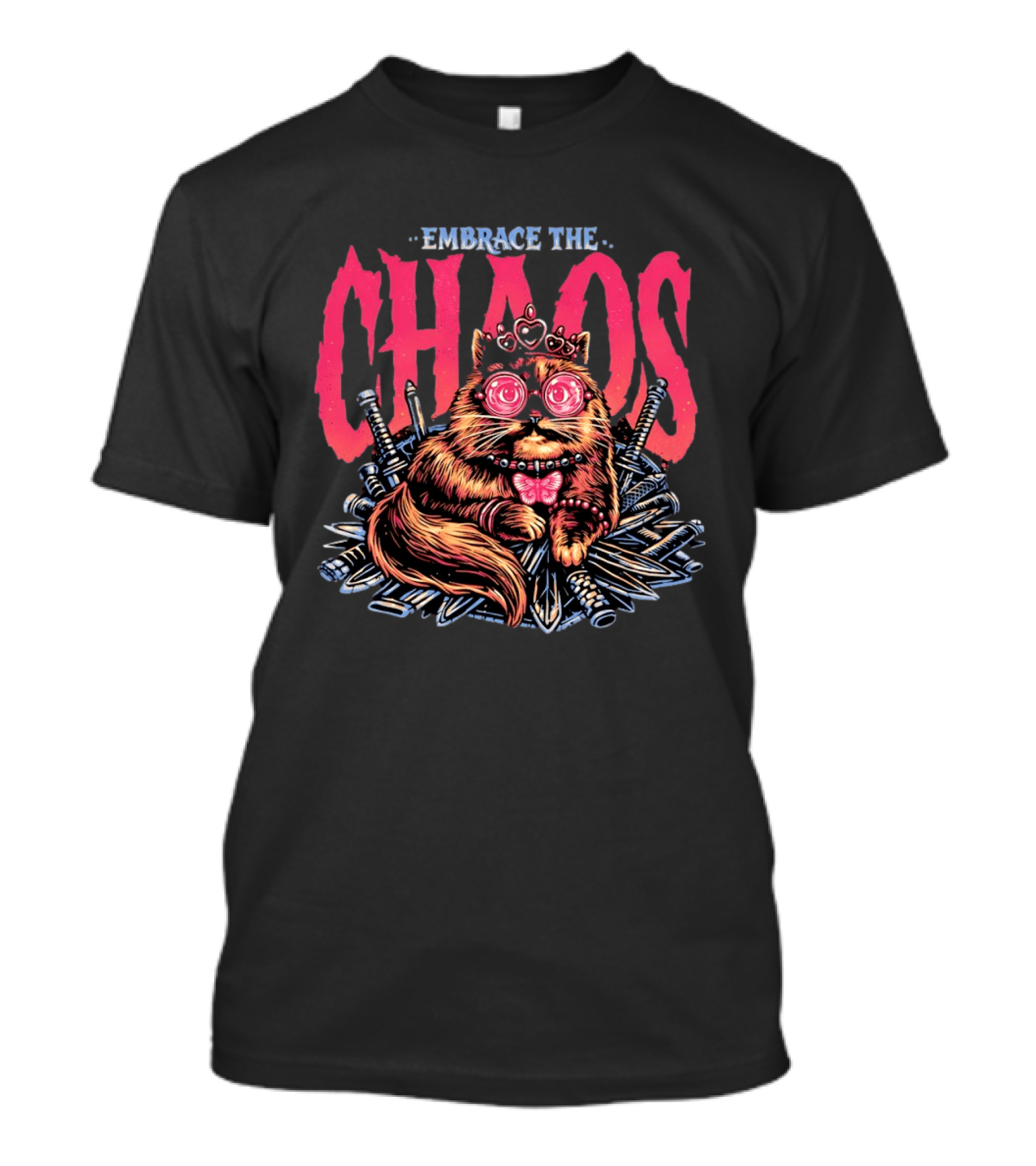 Embrace The Chaos Cat Pink Crown Daggers Funny Feline T-Shirt