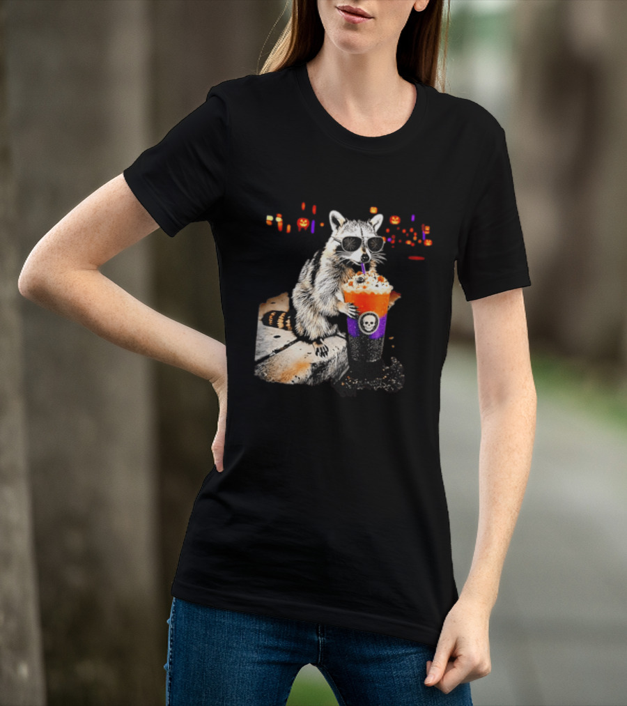 Raccoon With Sunglasses Enjoying Halloween Frappe With Skull Cup And Pumpkin T-Shirt