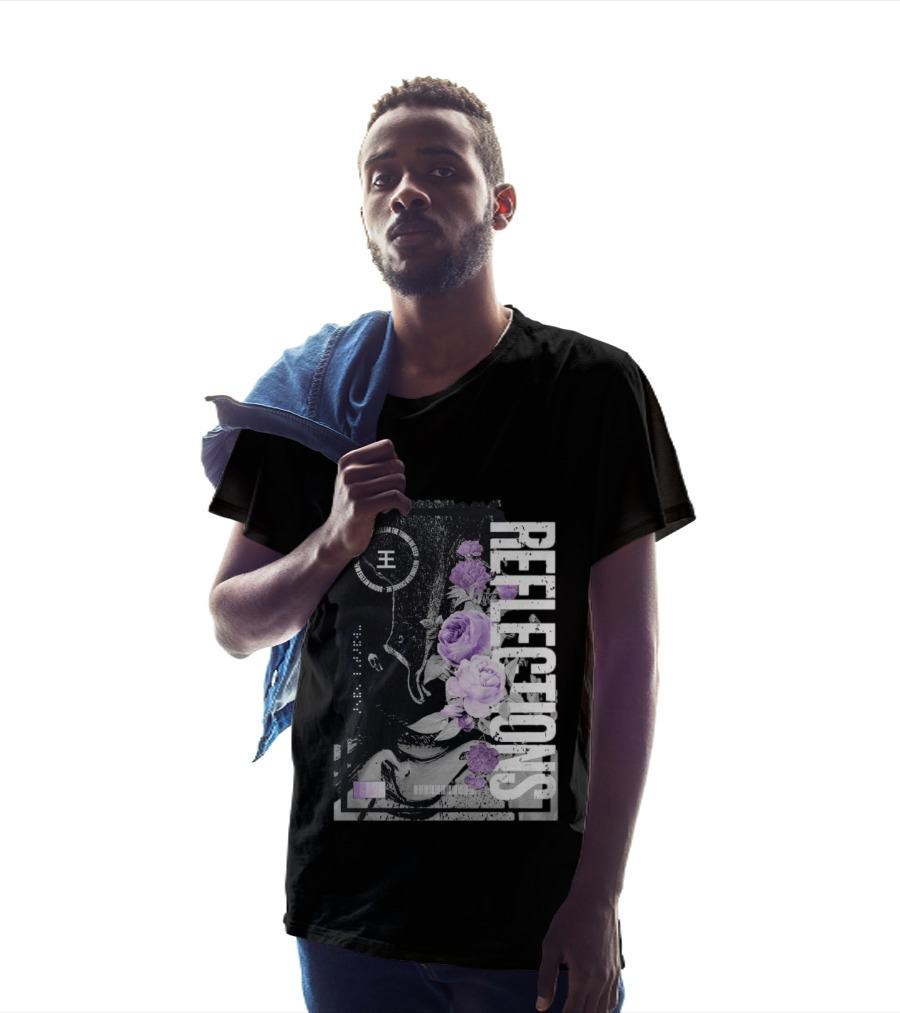 Reflections Peroxide Floral Typography With Purple Roses And Abstract Black And White T-Shirt