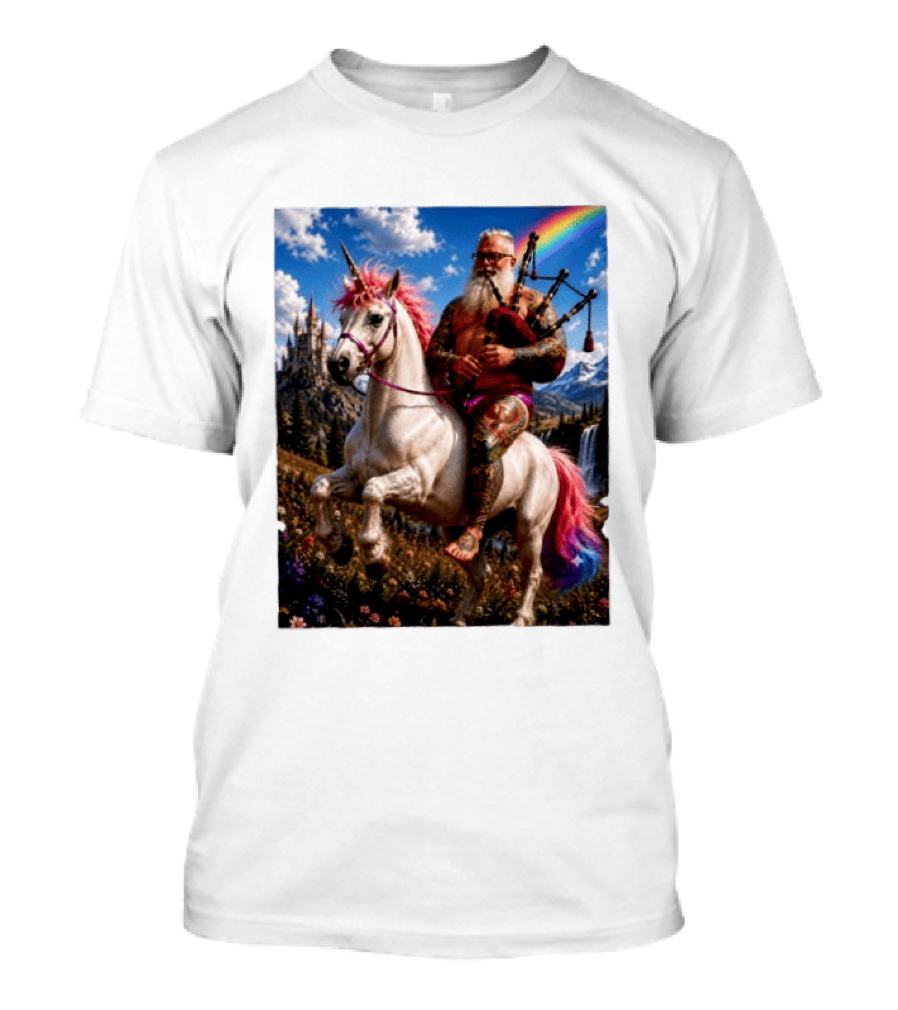 Bearded Scotsman Playing Bagpipes Riding A Rainbow Unicorn In Enchanted Castle Landscape T-Shirt