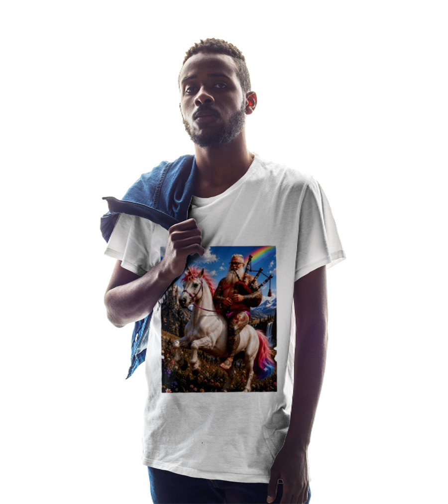 Bearded Scotsman Playing Bagpipes Riding A Rainbow Unicorn In Enchanted Castle Landscape T-Shirt