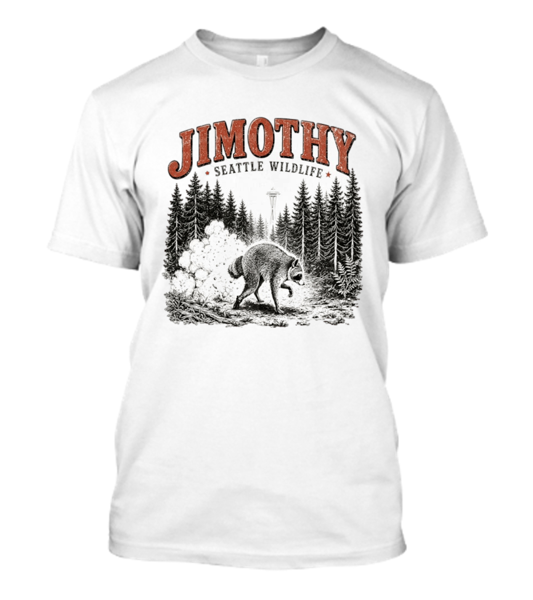 Jimothy Seattle Wildlife Raccoon With Space Needle Forest Scene T-Shirt