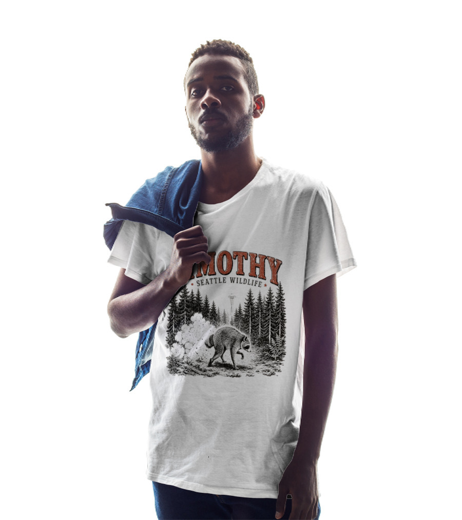 Jimothy Seattle Wildlife Raccoon With Space Needle Forest Scene T-Shirt