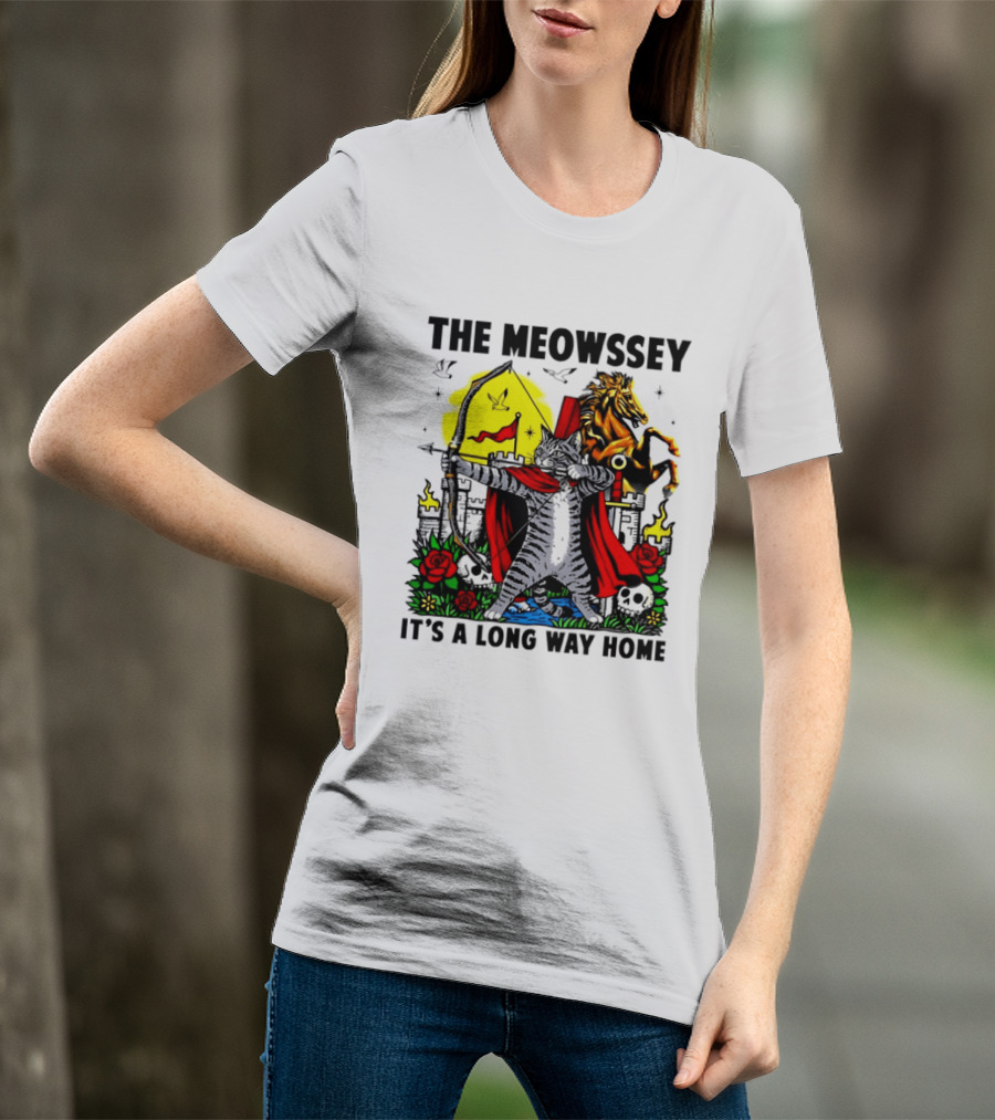 The Meowssey It's A Long Way Home Cat Archer With Red Cape And Horse T-Shirt