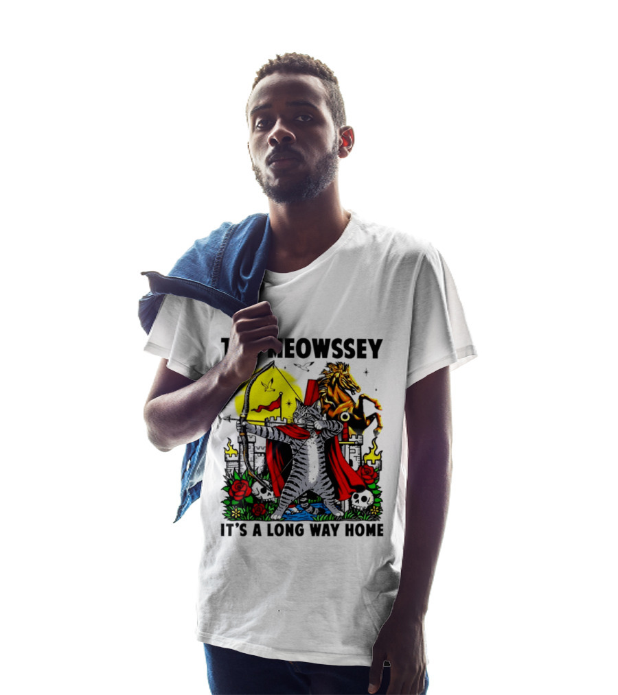 The Meowssey It's A Long Way Home Cat Archer With Red Cape And Horse T-Shirt