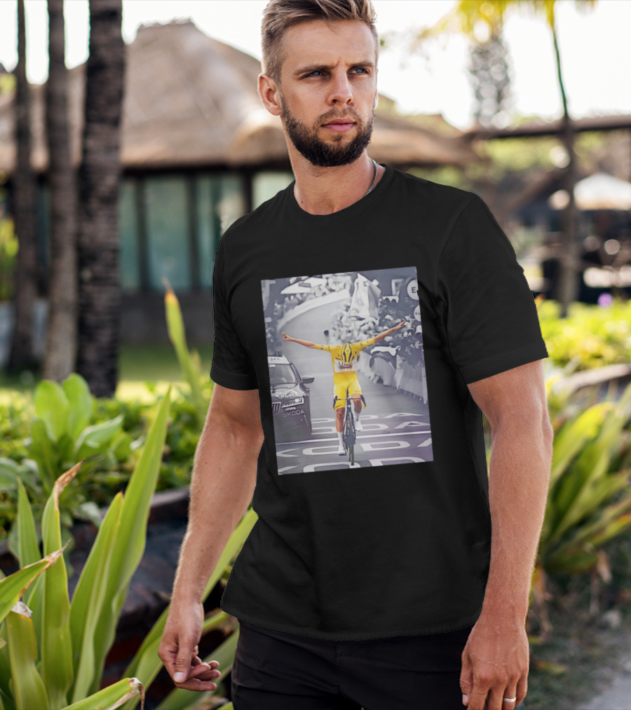 Tadej Pogacar Victory Moment Tour De France Skoda UCL Cyclist In Yellow Jersey T-Shirt