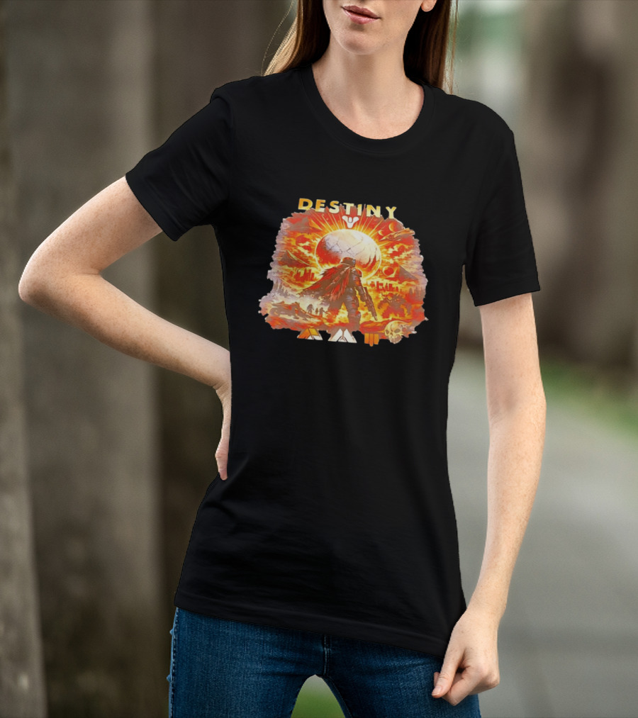 Destiny 3 Guardian Fireteam Solar Battle Scene With Traveler Sky Planet And Skull T-Shirt