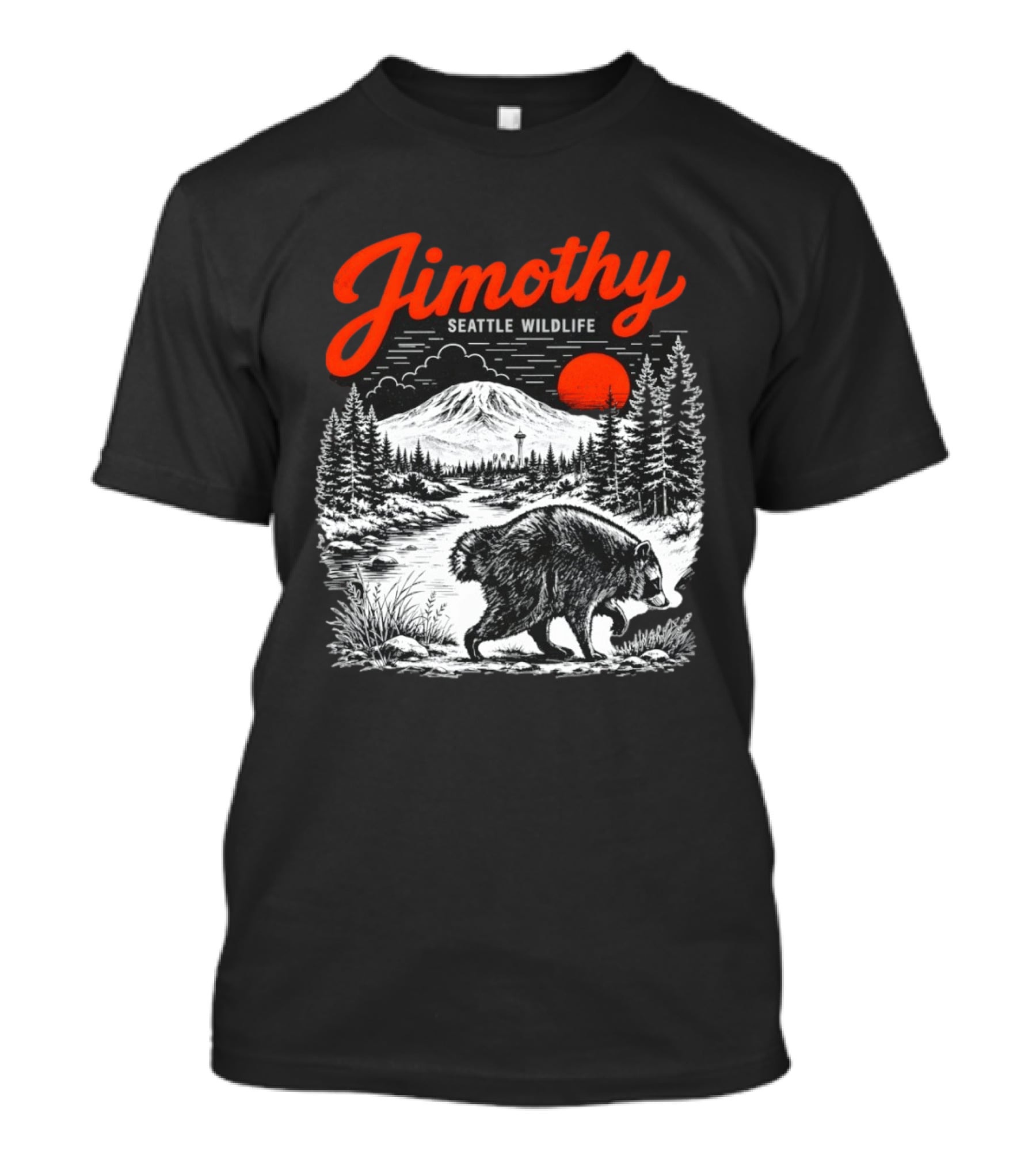 Jimothy Seattle Wildlife Raccoon With Mountain And Space Needle T-Shirt