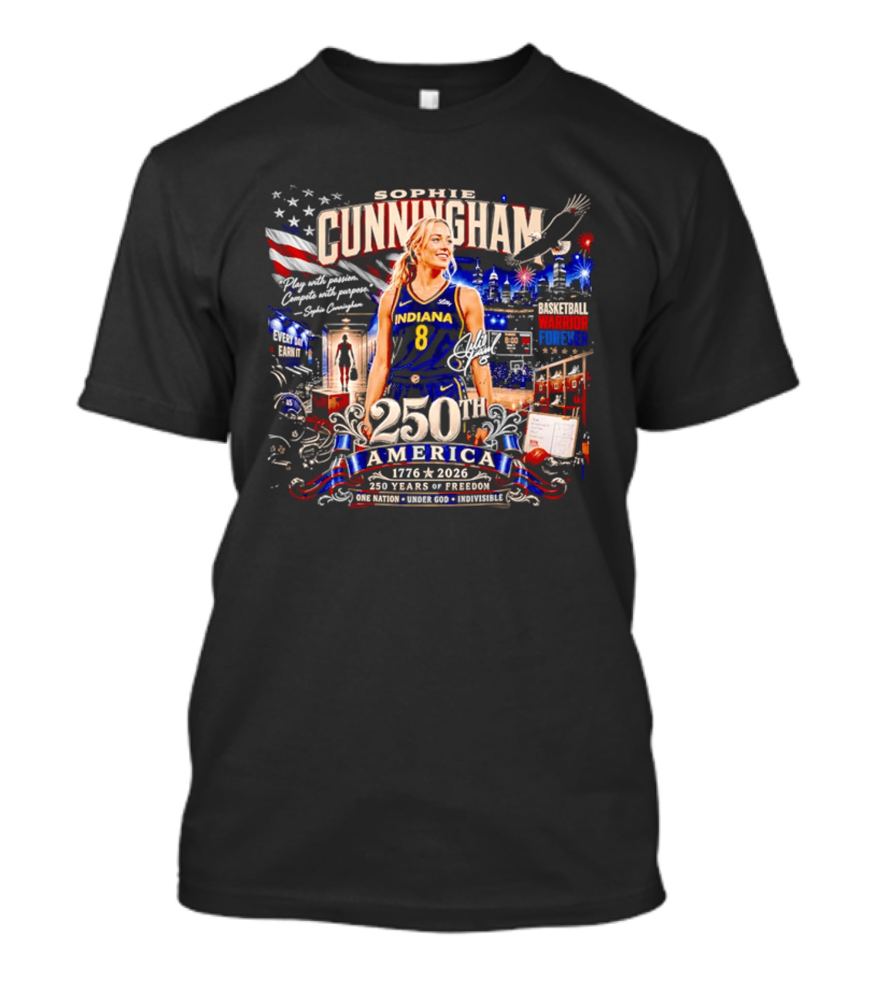 Sophie Cunningham 250th America 1776 To 2026 Indiana Play With Passion Compete With Purpose T-Shirt