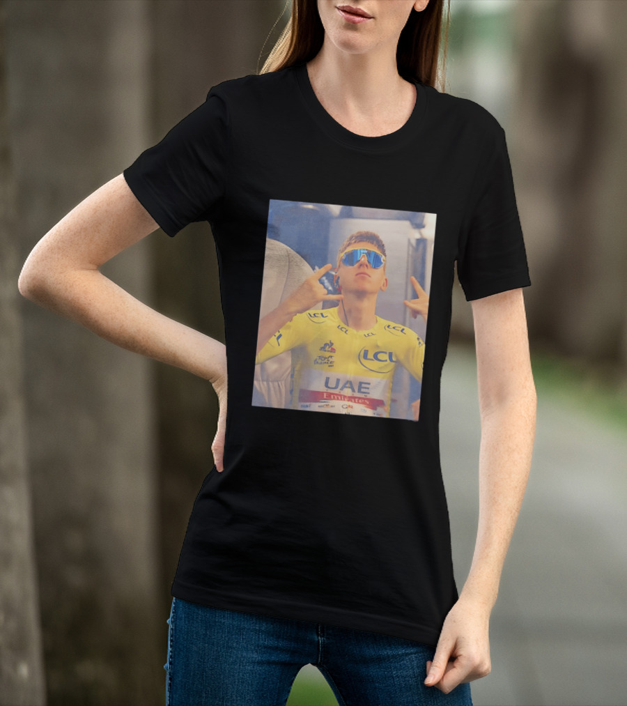 Tadej Pogačar In UAE Emirates Tour De France LCL Yellow Jersey With Sunglasses T-Shirt