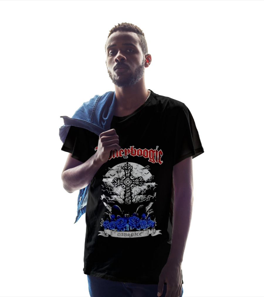 Boneyboogie Gothic Cross With Blue Roses And Full Moon T-Shirt