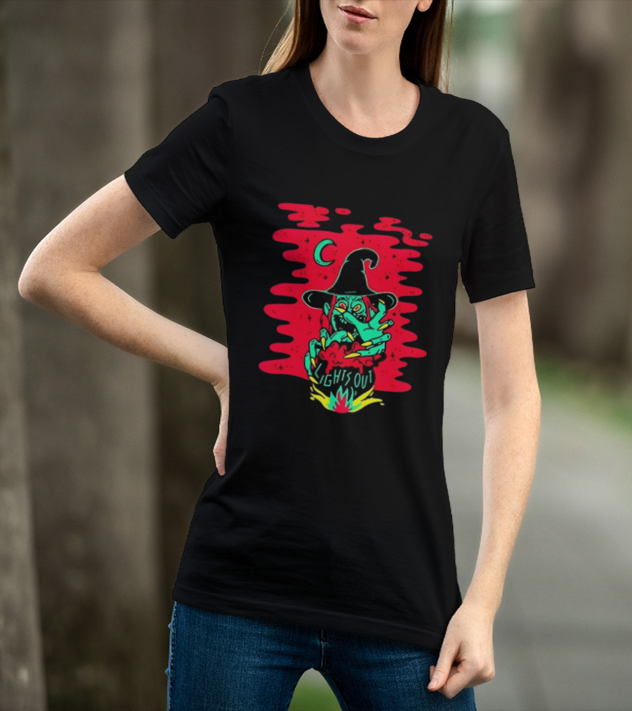 Lights Out Podcast Witch Halloween 2026 Crescent Moon T-Shirt