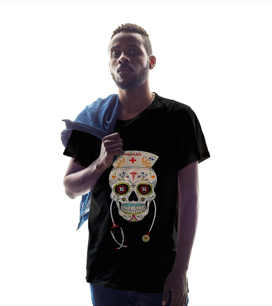 Nurse Sugar Skull Halloween Day Of The Dead Dia De Los Muertos T-Shirt